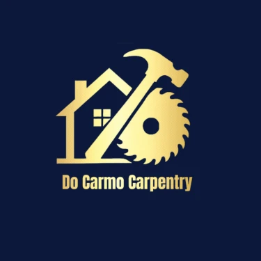 Logo of Do Carmo Carpentry featuring a house silhouette, hammer, and circular saw, emphasizing custom cabinetry and carpentry services.