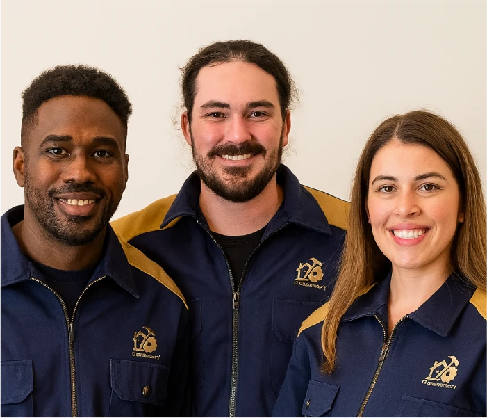 Three smiling team members of Do Carmo Carpentry INC wearing branded work jackets, showcasing the company's commitment to quality carpentry services in Nantucket, MA.